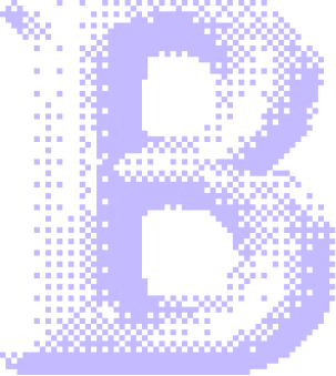 Pixelated letter B with a lavender color on a black background.