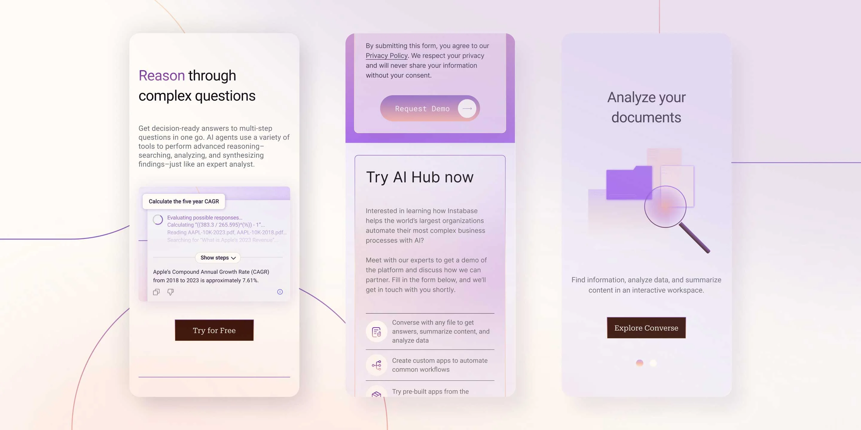 Three AI app screens showing reasoning through questions, demo request, and document analysis features.