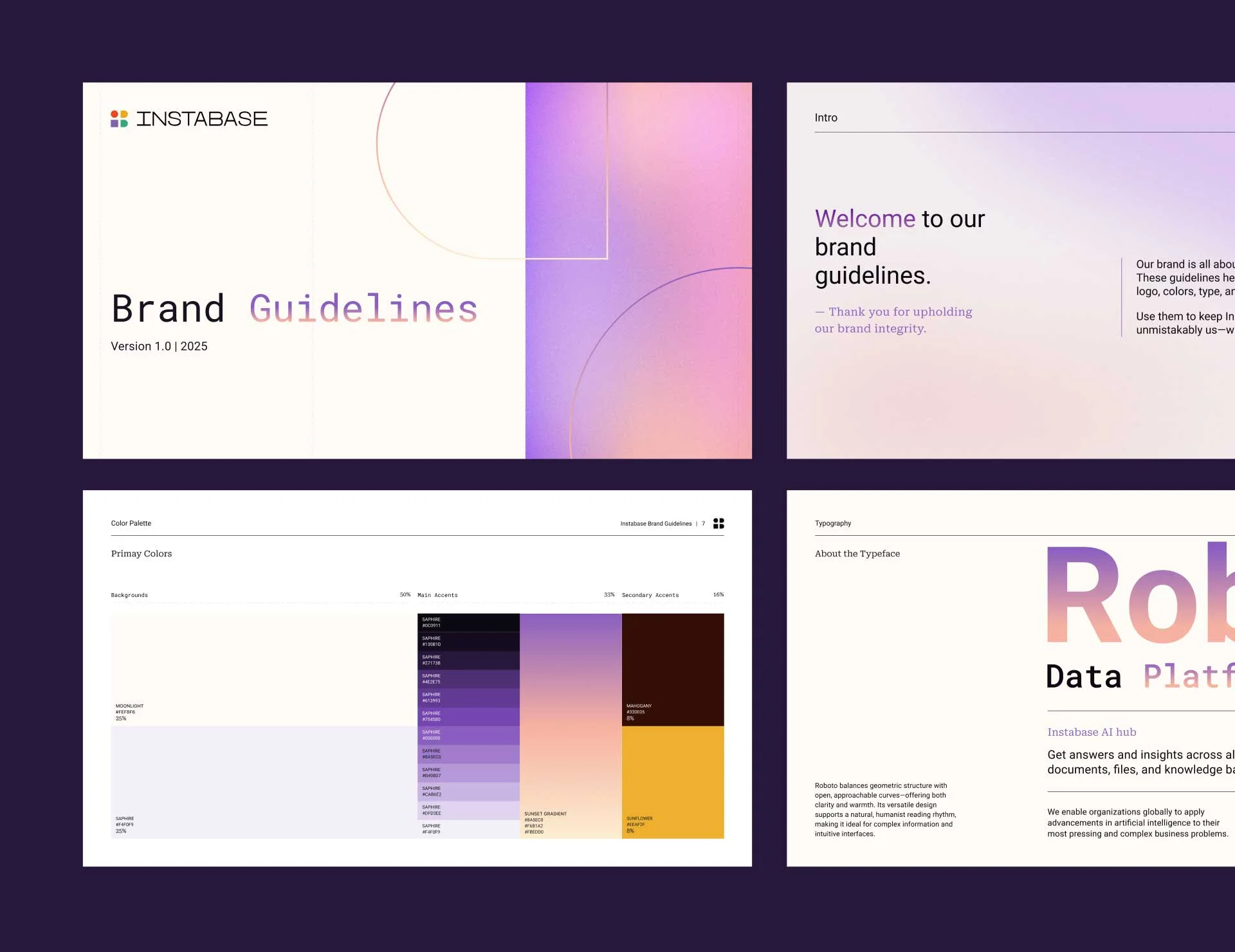 Instabase brand guidelines overview with color palette, typography details, and a welcome intro message.