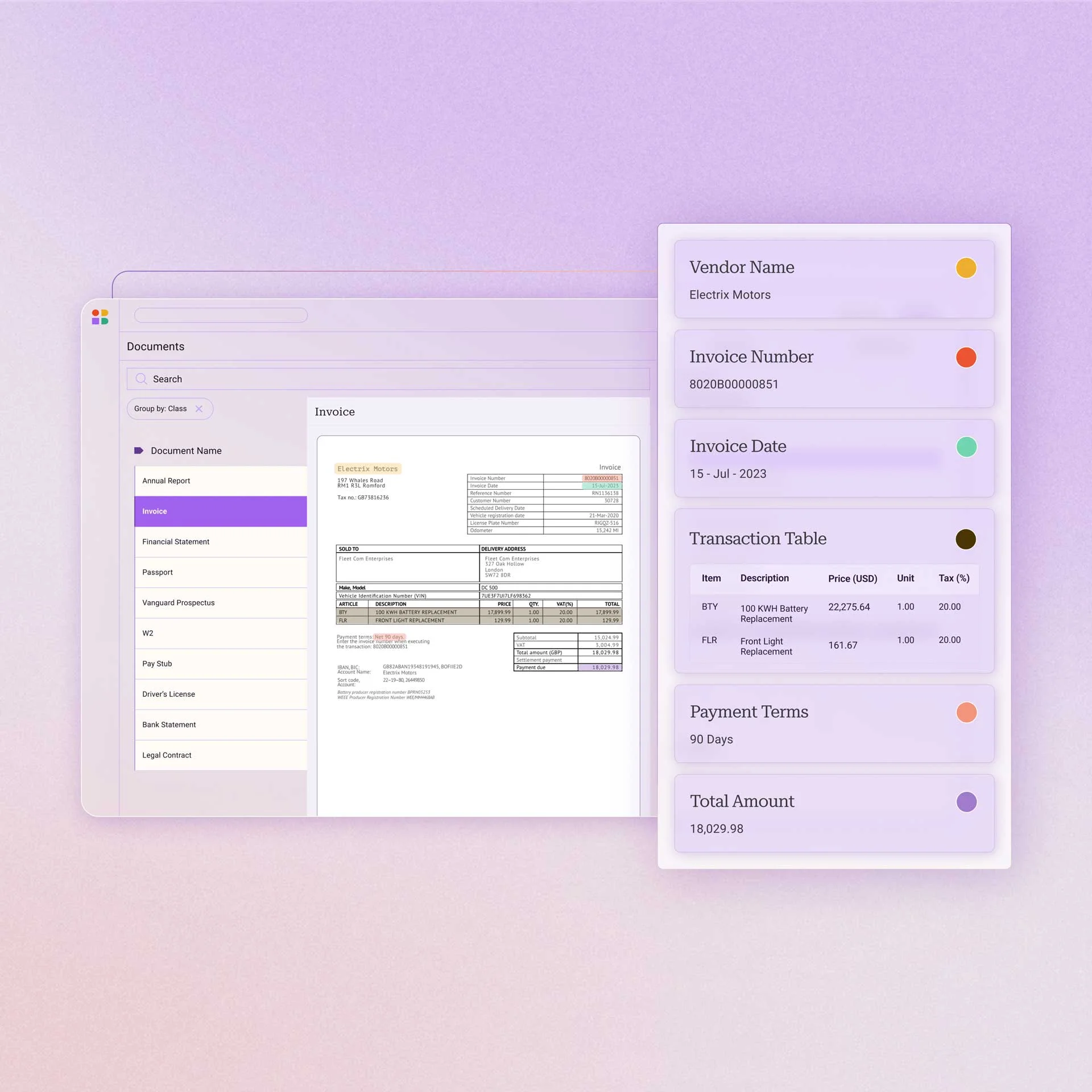 User interface showing an invoice document with vendor, invoice details, transaction table, payment terms, and total amount.