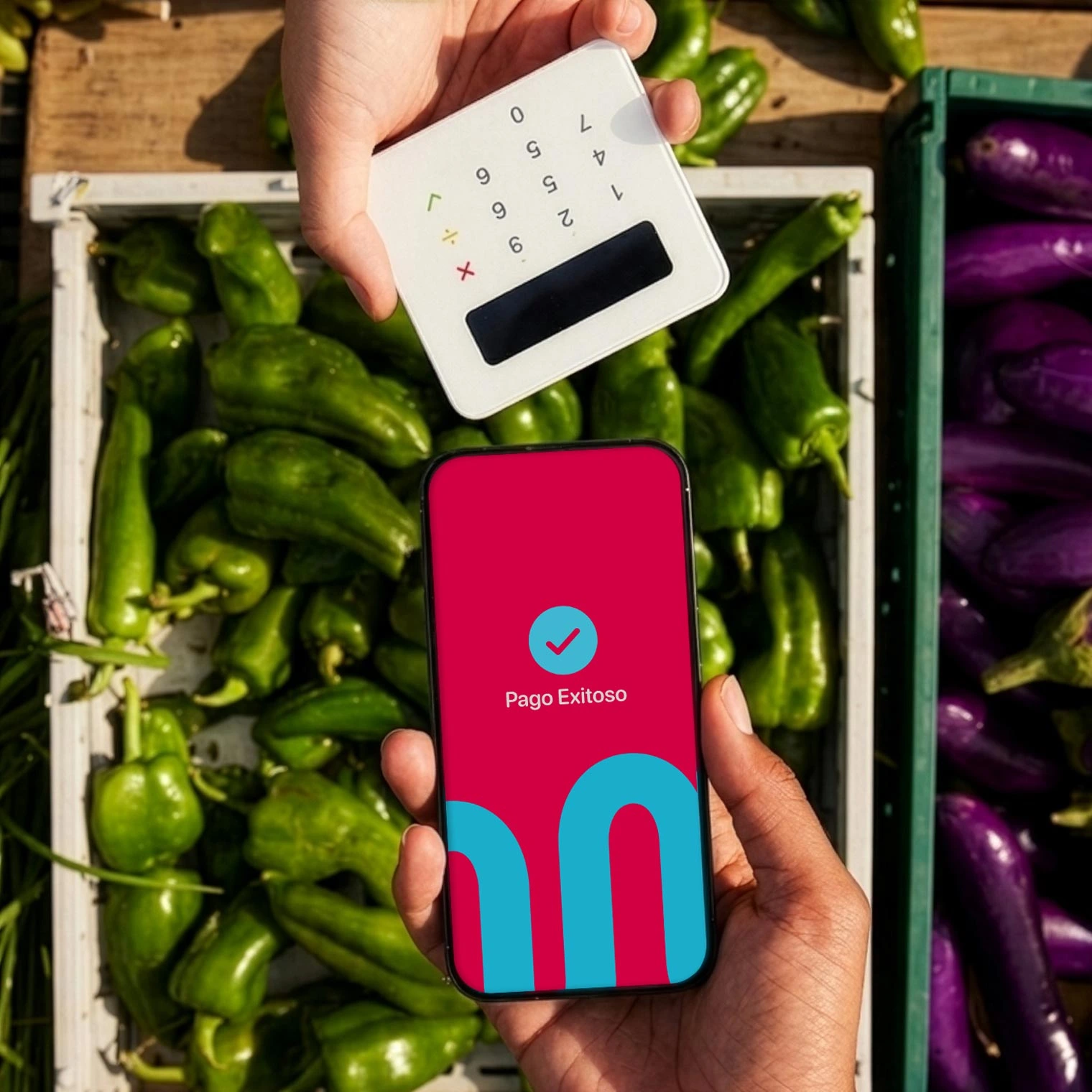 Two hands holding a smartphone showing 'Pago Exitoso' and a card reader over fresh vegetables.