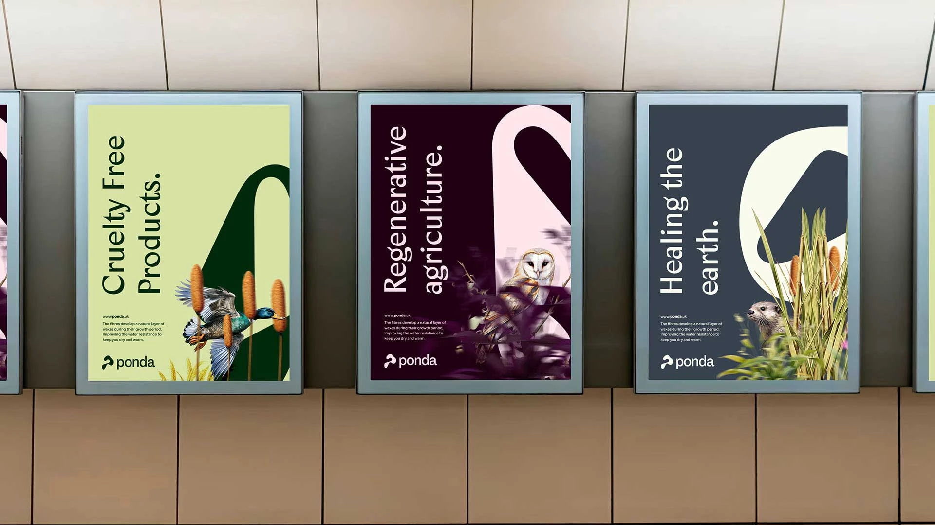 Three framed posters with nature themes and texts: Cruelty Free Products, Regenerative agriculture, Healing the earth.