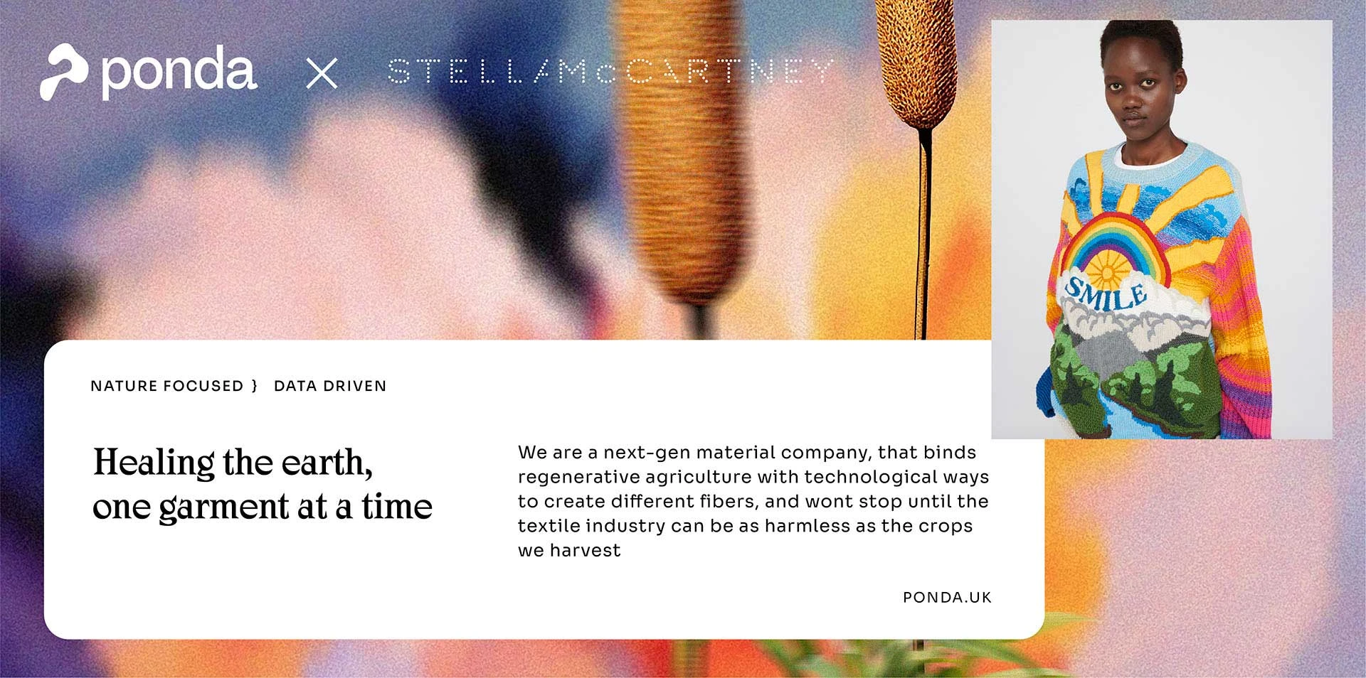 Ponda x Stella McCartney for sustainable textiles with model in colorful sweater reading SMILE.