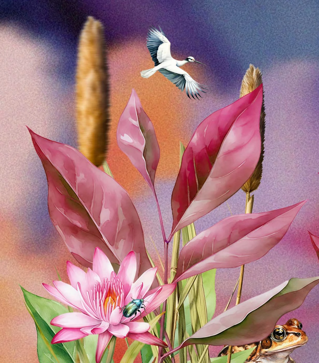 Illustration part of the Ponda's visual system showing  a pink water lily with beetle, red leaves, a flying bird, and a frog peeking from leaves.