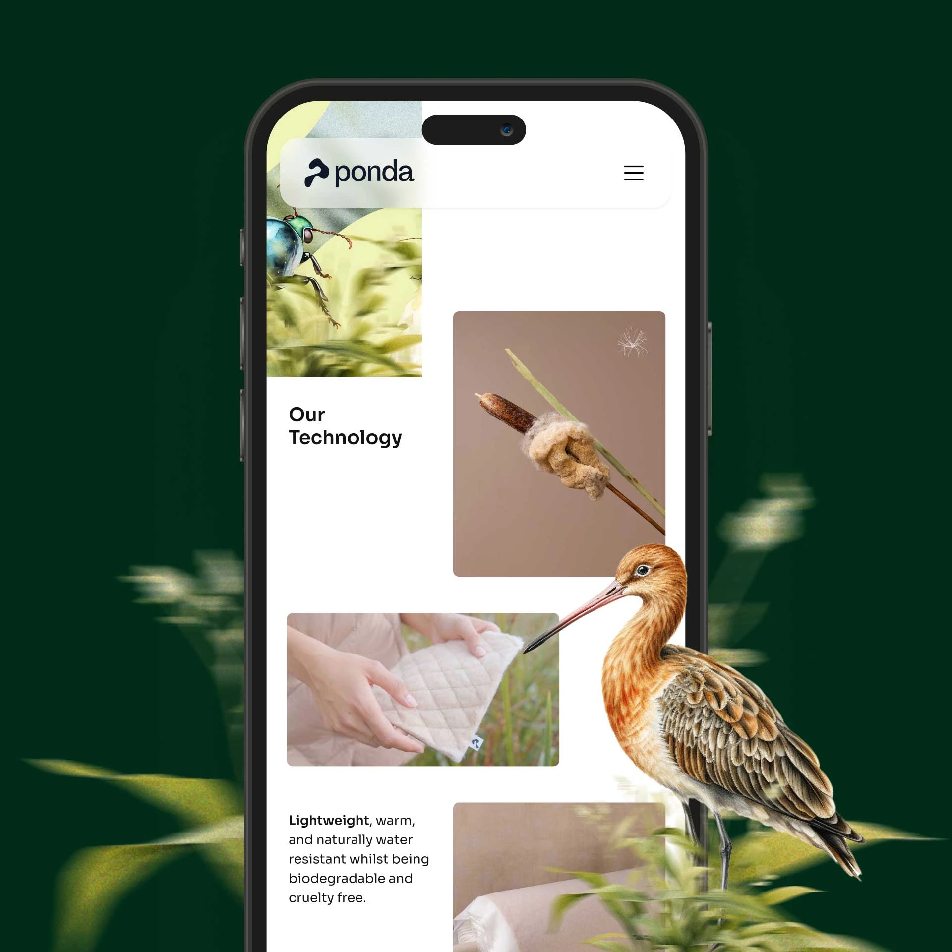 Mobile screen showing Ponda website with nature-inspired images and a bird on the screen edge.