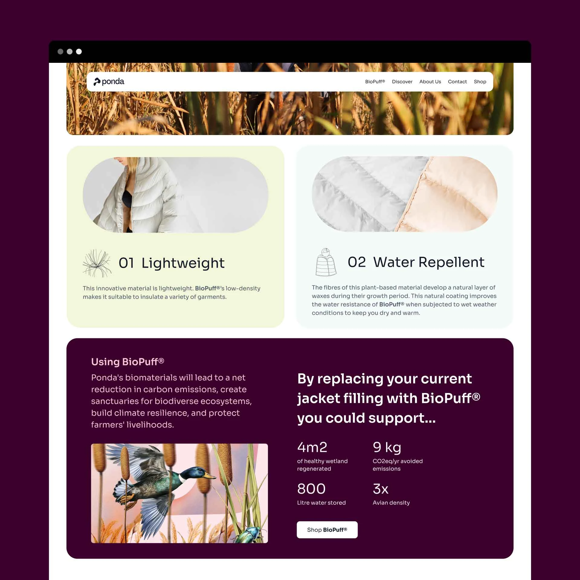 Webpage showing Ponda's BioPuff bedding features and environmental benefits with images of jackets and a duck.