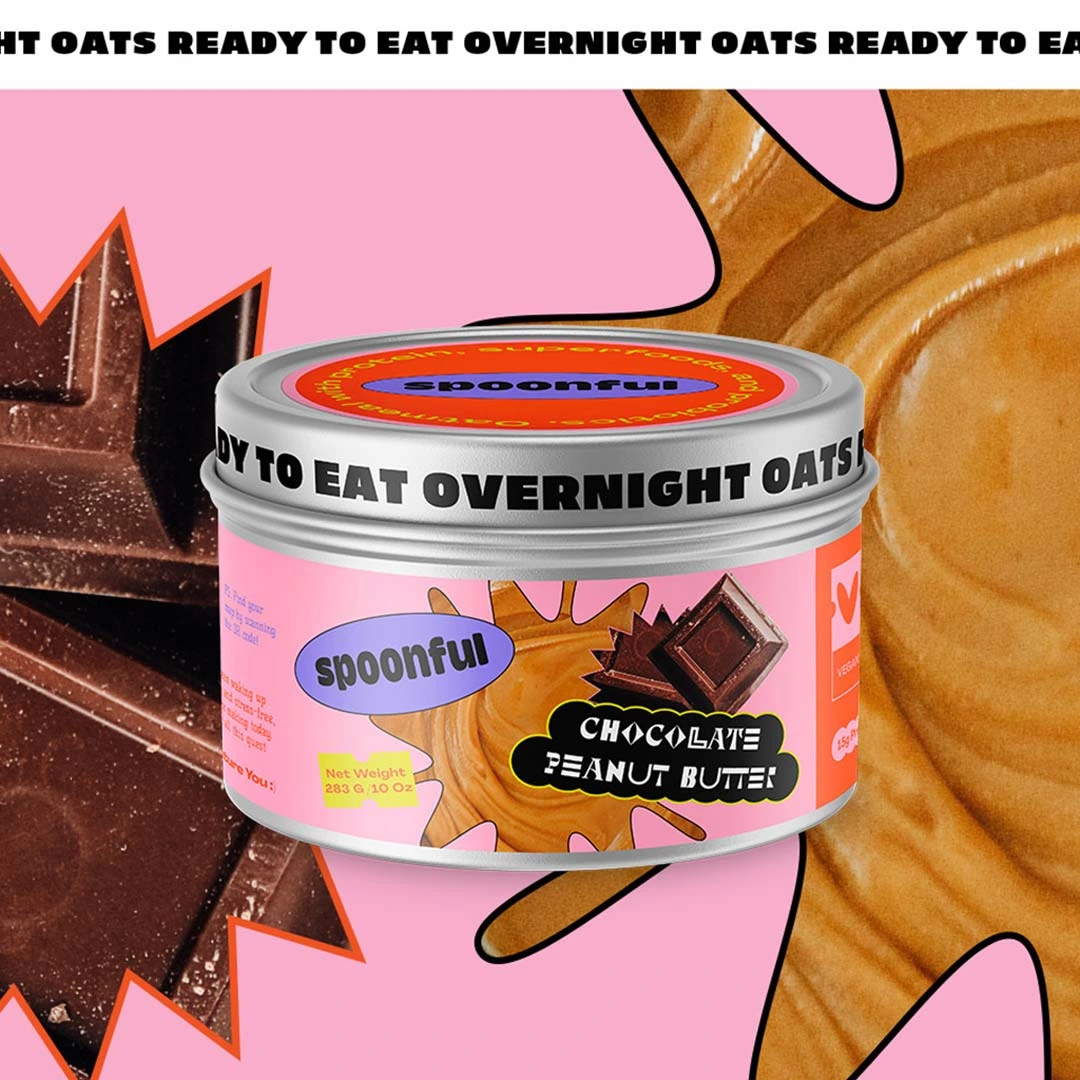 Can of Spoonful Chocolate Peanut Butter overnight oats against chocolate and peanut butter background.