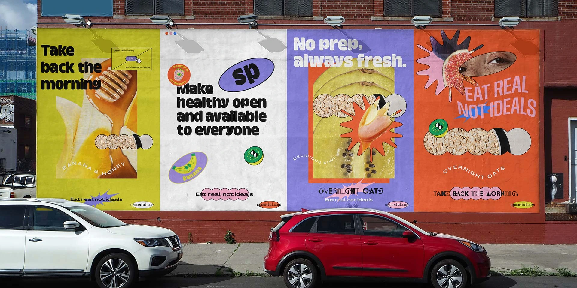 Colorful Spoonful wall posters advertise healthy, fresh overnight oats with banana and honey.