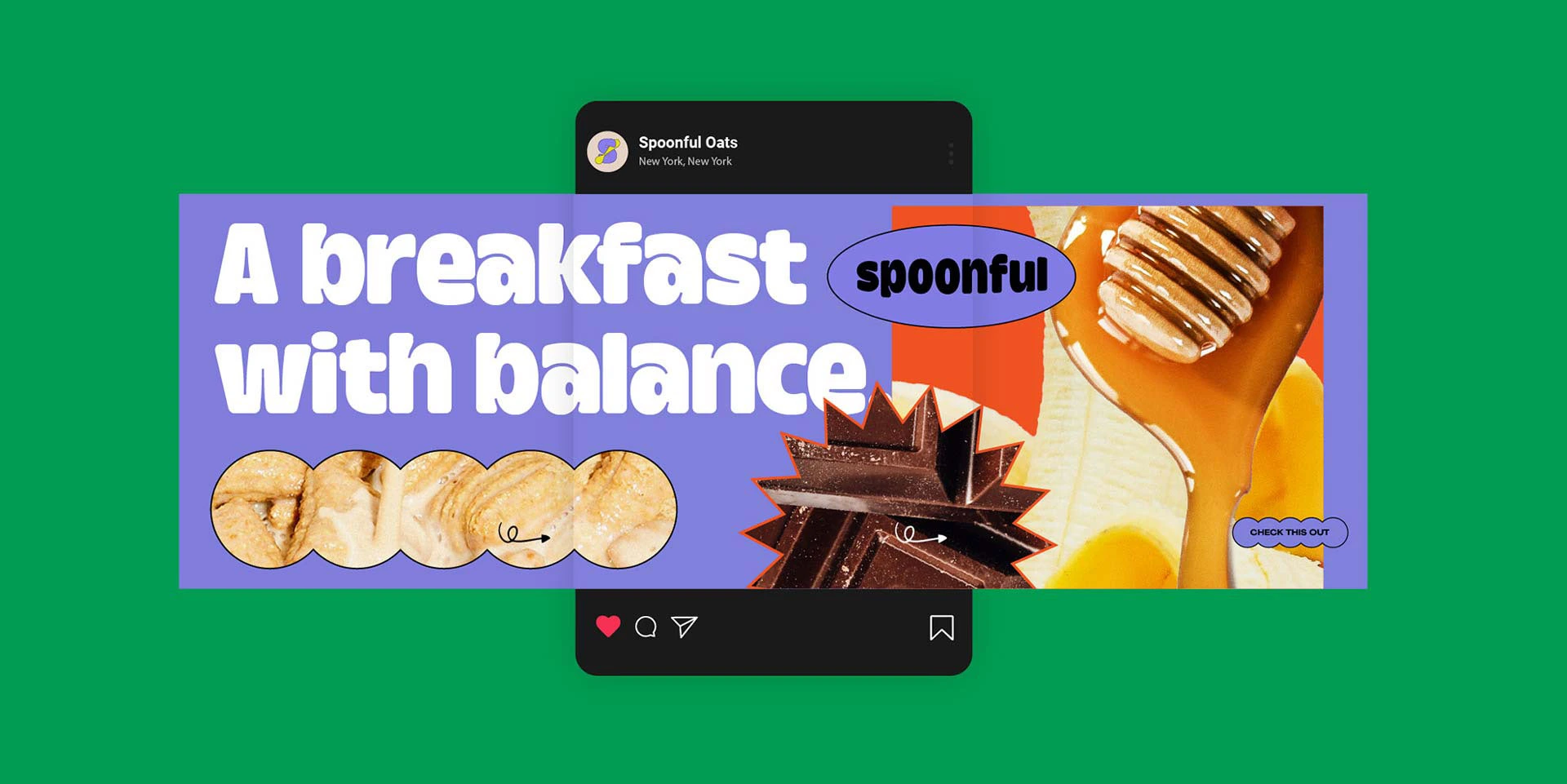 Instagram post by Spoonful Oats showing oats, chocolate, honey, and banana with text 'A breakfast with balance.'