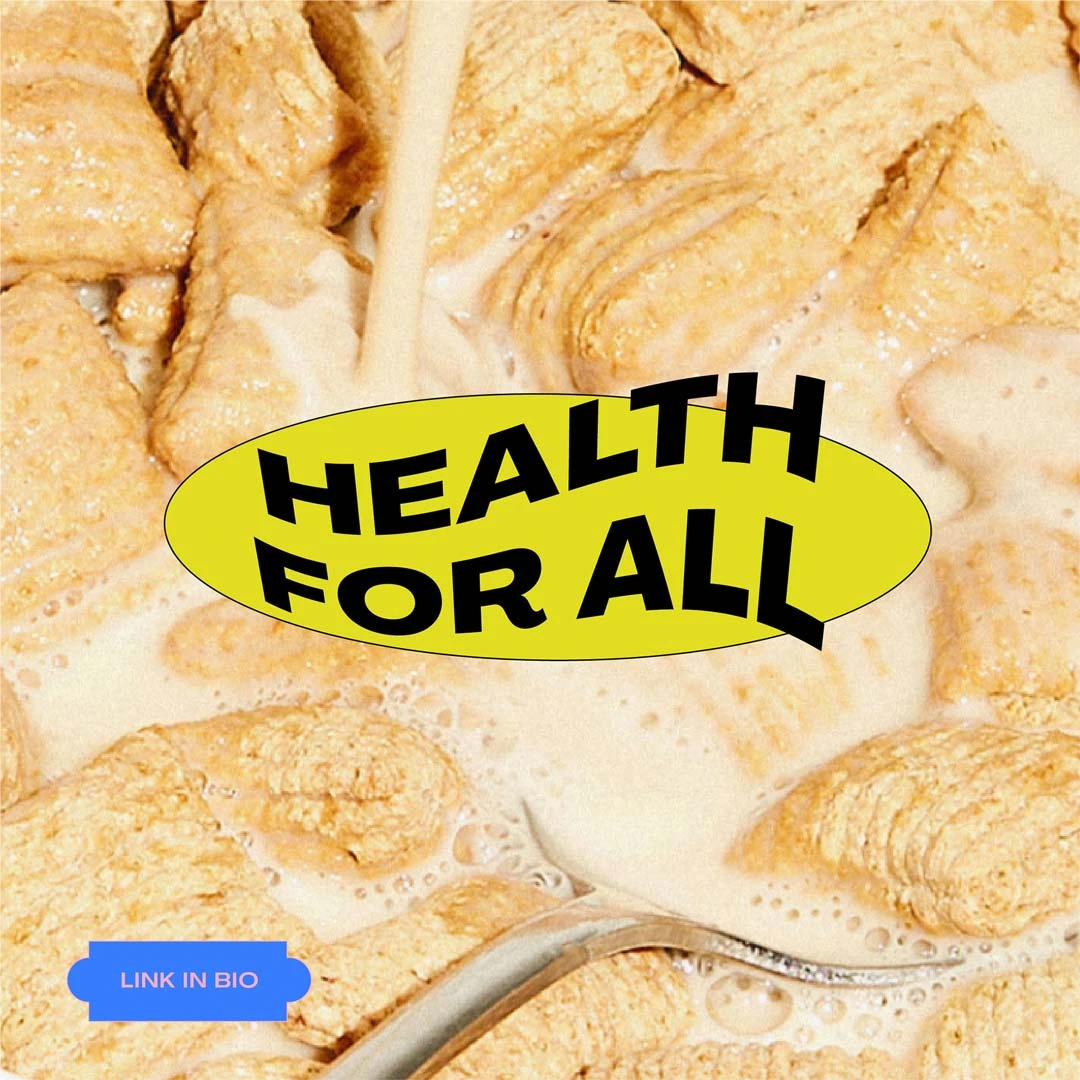 Close-up of cereal squares in milk with the text 'Health For All' in yellow oval overlay.